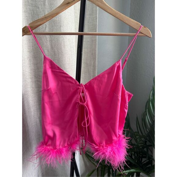 REVOLVE More To Come Moxi Crop Pink Satin Blouse Feather Top‎ Barbiecore Medium - Picture 2 of 6